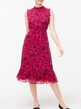 J Crew Midi Dress 6 Smocked High Neck Ruffle Floral‎ Pink Party Reception Shower